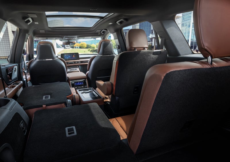 The interior of the 2025 Lincoln Aviator® SUV is shown with two seats folded down for added space. | Sedano Lincoln in La Mesa CA