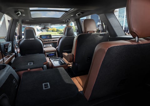 The interior of the 2025 Lincoln Aviator® SUV is shown with two seats folded down for added space. | Sedano Lincoln in La Mesa CA
