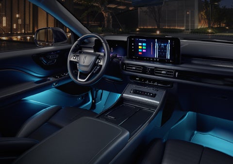 Deep blue Ambient Lighting glows from various places within a 2026 Lincoln Aviator® SUV. | Sedano Lincoln in La Mesa CA