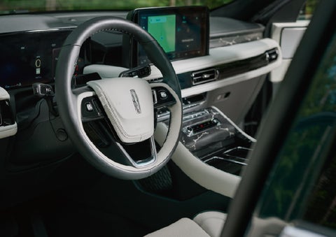 The leather-trimmed steering wheel of a 2027 Lincoln Aviator® Black Label™ SUV. | Sedano Lincoln in La Mesa CA